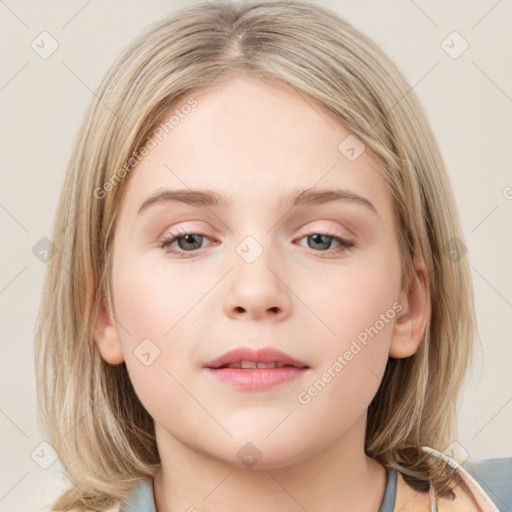 Neutral white child female with medium  brown hair and grey eyes