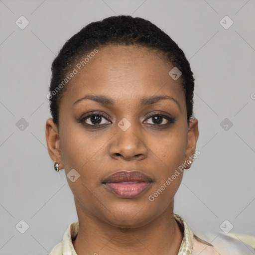 Neutral black young-adult female with short  brown hair and brown eyes