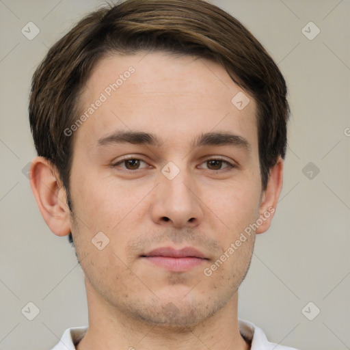 Neutral white young-adult male with short  brown hair and brown eyes