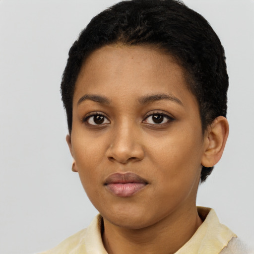 Neutral black young-adult female with short  black hair and brown eyes