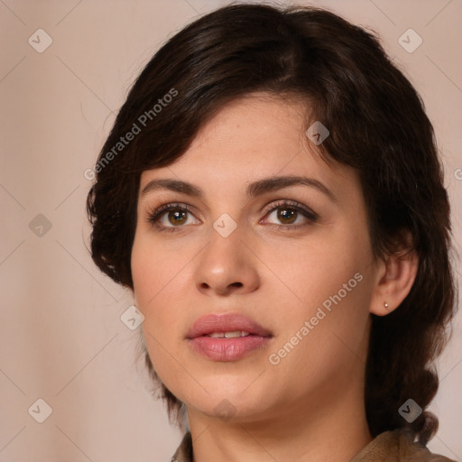 Neutral white young-adult female with medium  brown hair and brown eyes