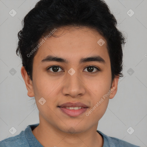 Joyful latino young-adult male with short  brown hair and brown eyes