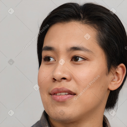 Joyful white young-adult female with medium  brown hair and brown eyes