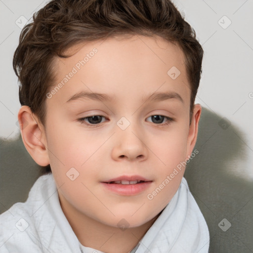 Joyful white child female with short  brown hair and brown eyes