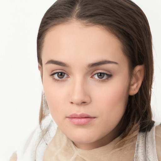 Neutral white young-adult female with long  brown hair and brown eyes