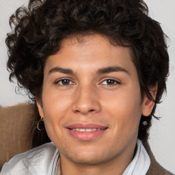 Joyful white young-adult male with medium  brown hair and brown eyes
