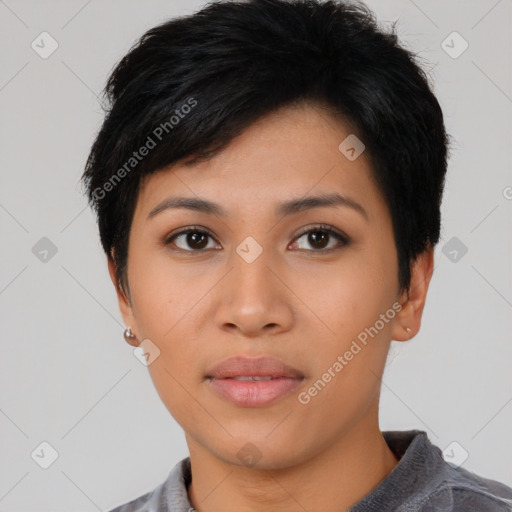 Neutral asian young-adult female with short  black hair and brown eyes