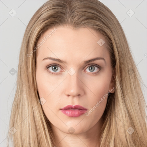 Neutral white young-adult female with long  brown hair and brown eyes