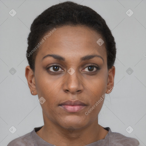 Neutral black young-adult female with short  brown hair and brown eyes