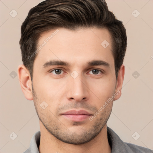 Neutral white young-adult male with short  brown hair and brown eyes