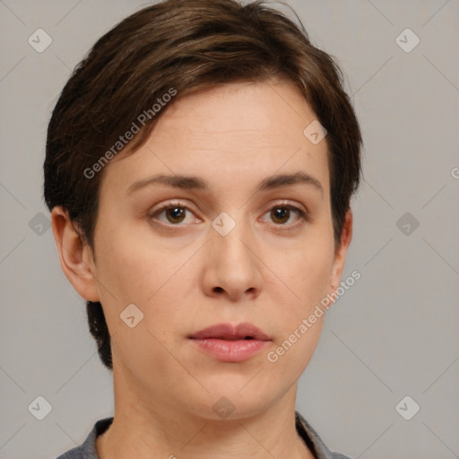 Neutral white young-adult female with short  brown hair and brown eyes