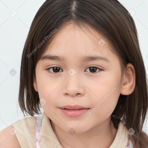 Joyful white child female with medium  brown hair and brown eyes