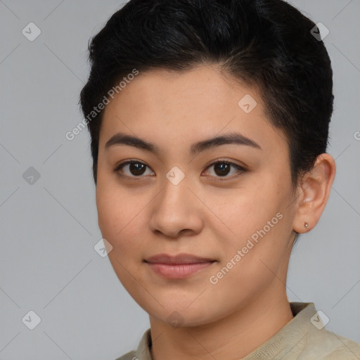 Joyful latino young-adult female with short  brown hair and brown eyes