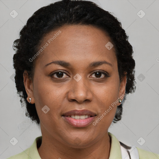 Joyful latino adult female with short  brown hair and brown eyes