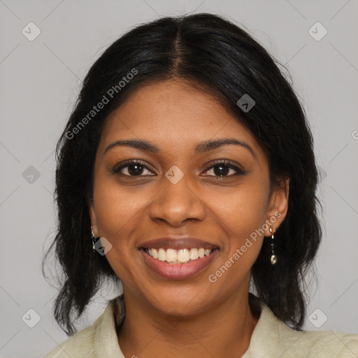 Joyful black young-adult female with medium  brown hair and brown eyes