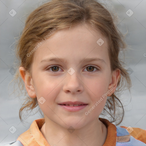 Joyful white child female with medium  brown hair and brown eyes