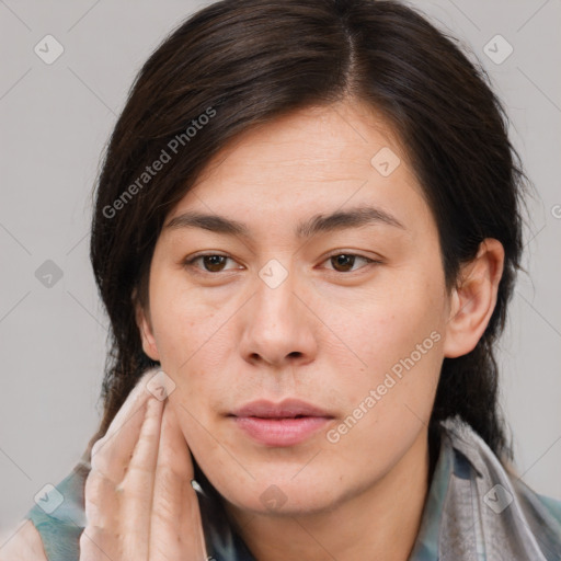 Neutral white young-adult female with medium  brown hair and brown eyes