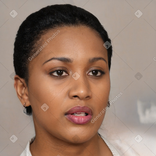 Neutral black young-adult female with short  black hair and brown eyes