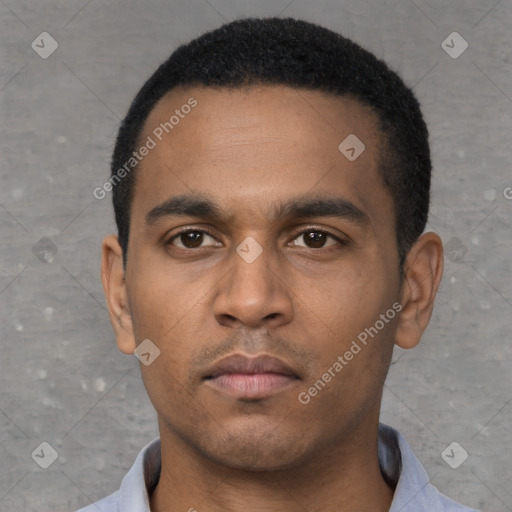 Neutral latino young-adult male with short  brown hair and brown eyes