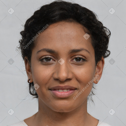 Joyful latino young-adult female with short  brown hair and brown eyes