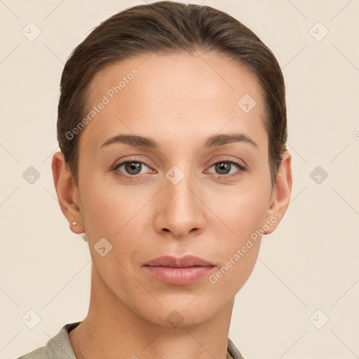 Neutral white young-adult female with short  brown hair and brown eyes