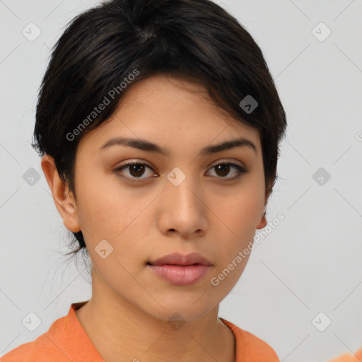 Neutral asian young-adult female with medium  brown hair and brown eyes