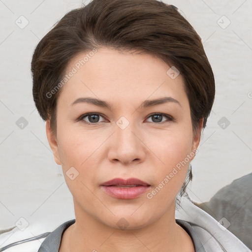 Neutral white young-adult female with short  brown hair and brown eyes