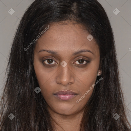 Neutral asian young-adult female with long  brown hair and brown eyes