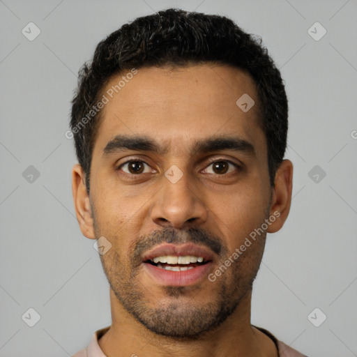 Neutral latino young-adult male with short  black hair and brown eyes