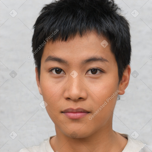 Neutral asian young-adult male with short  black hair and brown eyes