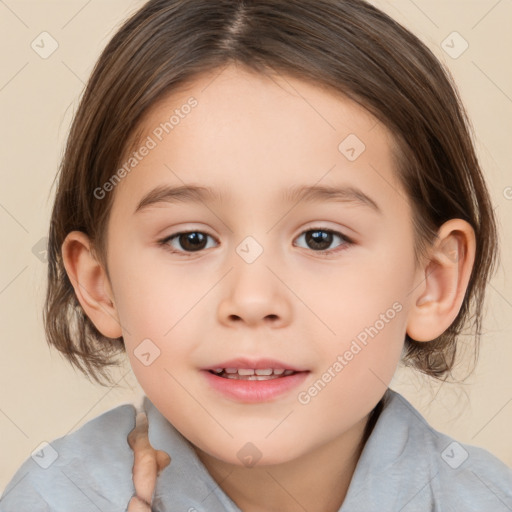 Joyful white child female with medium  brown hair and brown eyes