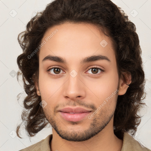 Joyful white young-adult male with medium  brown hair and brown eyes