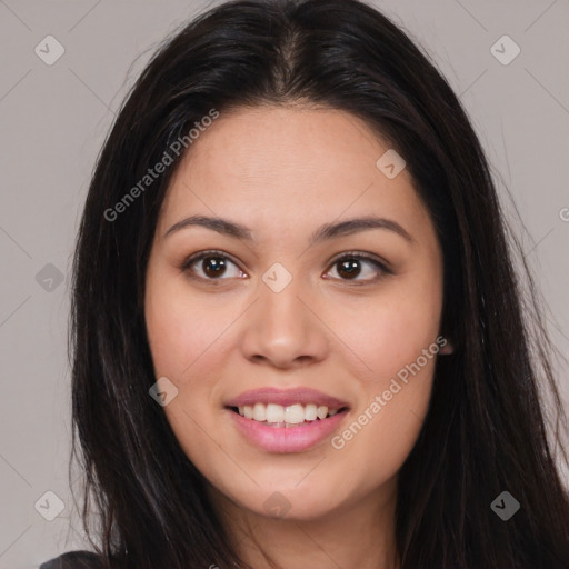 Joyful asian young-adult female with long  brown hair and brown eyes