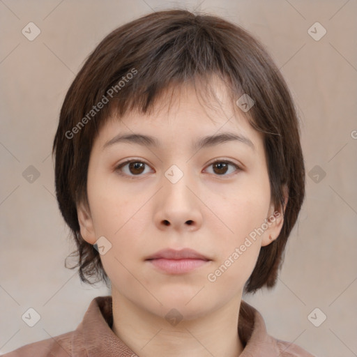 Neutral white young-adult female with medium  brown hair and brown eyes