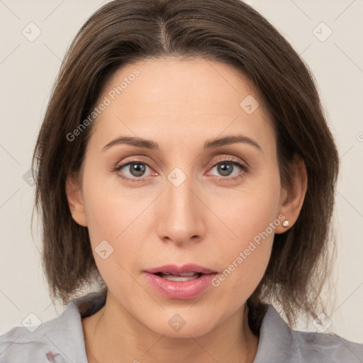 Neutral white young-adult female with medium  brown hair and grey eyes