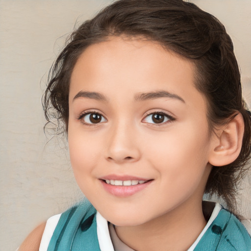 Joyful white child female with medium  brown hair and brown eyes