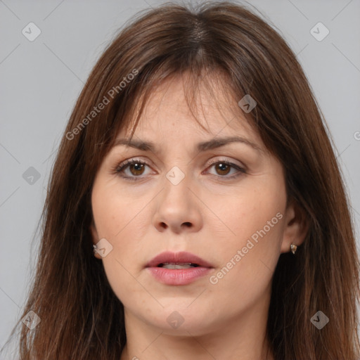 Neutral white young-adult female with medium  brown hair and brown eyes