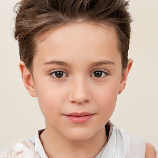 Joyful white child female with short  brown hair and brown eyes