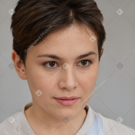 Neutral white young-adult female with short  brown hair and brown eyes