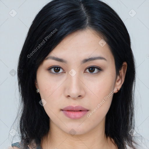 Neutral asian young-adult female with long  black hair and brown eyes