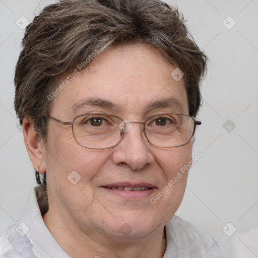 Joyful white middle-aged female with short  brown hair and brown eyes