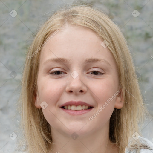 Joyful white child female with medium  brown hair and blue eyes