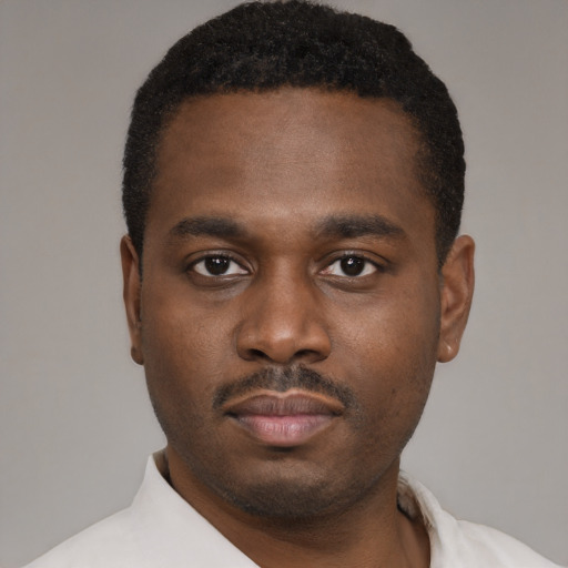 Neutral black young-adult male with short  black hair and brown eyes