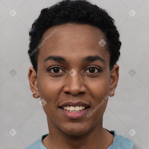 Joyful black young-adult male with short  black hair and brown eyes