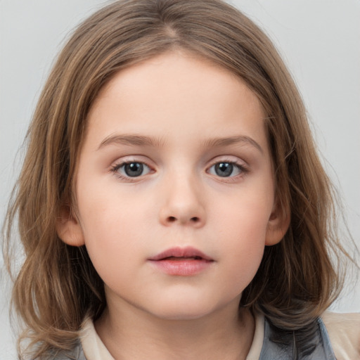 Neutral white child female with medium  brown hair and grey eyes