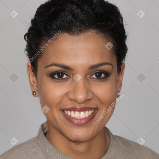 Joyful latino young-adult female with short  brown hair and brown eyes