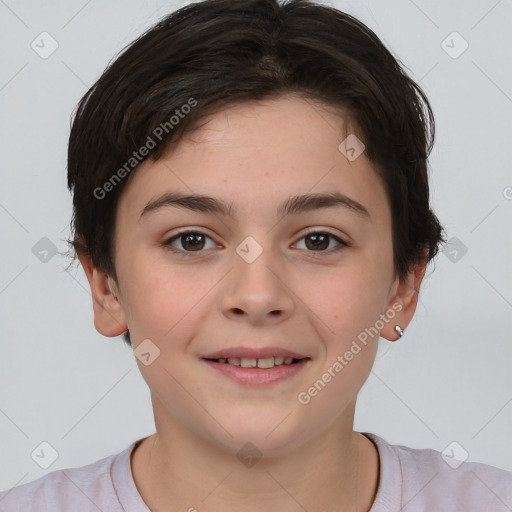 Joyful white child female with short  brown hair and brown eyes