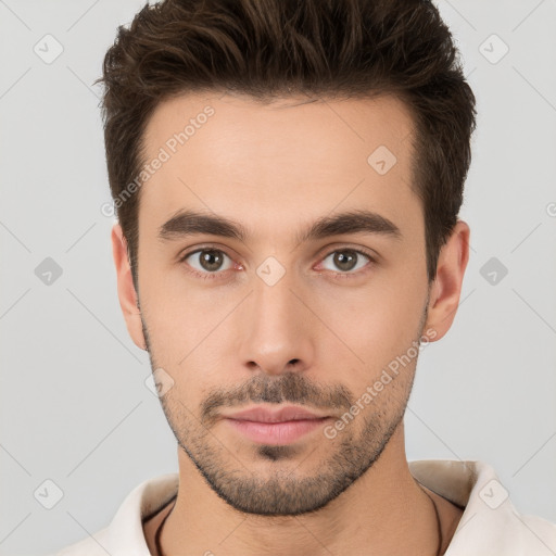 Neutral white young-adult male with short  brown hair and brown eyes