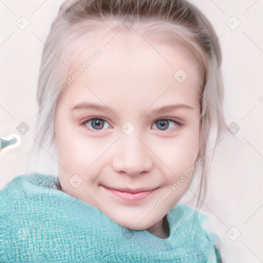 Joyful white child female with medium  brown hair and blue eyes