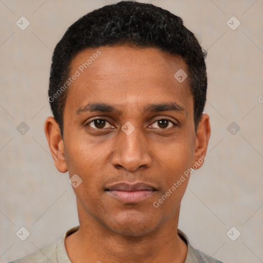 Neutral black young-adult male with short  black hair and brown eyes
